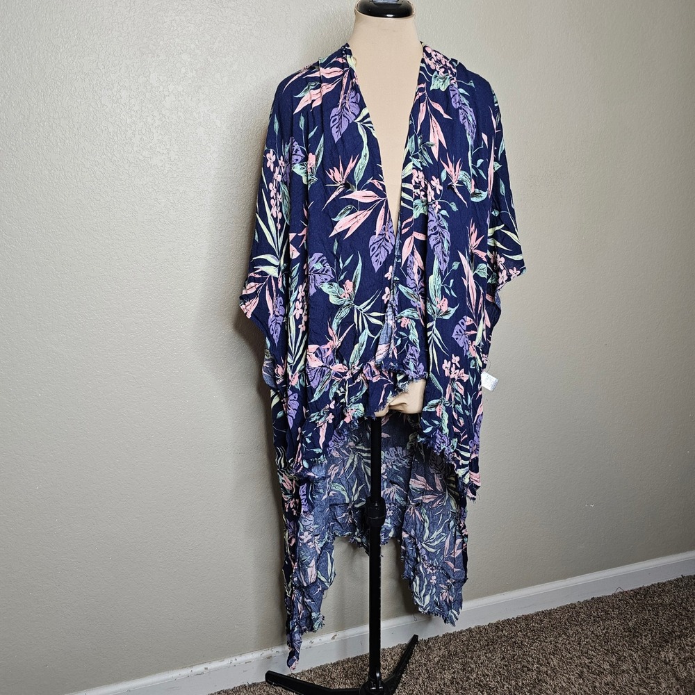 NWT Umgee Womens Navy Tropical Floral Kimono Wrap High‎ Low Frayed Edge S/M